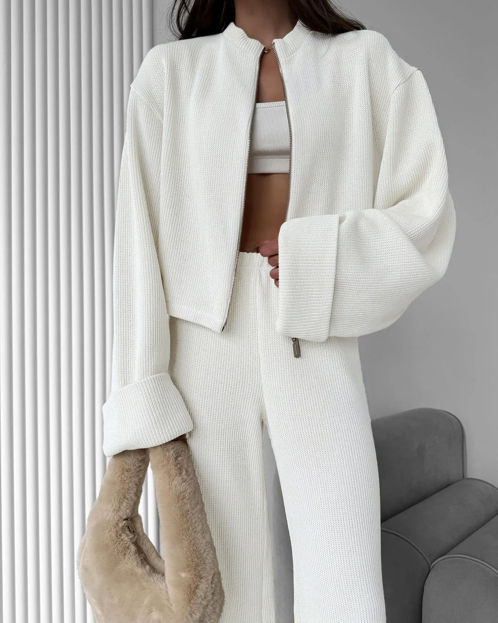 Women's Zip up Jacket And Wide Leg Pants Set Soft Knit Loose Long Sleeve Autumn Winter Casual Sweater Outfit