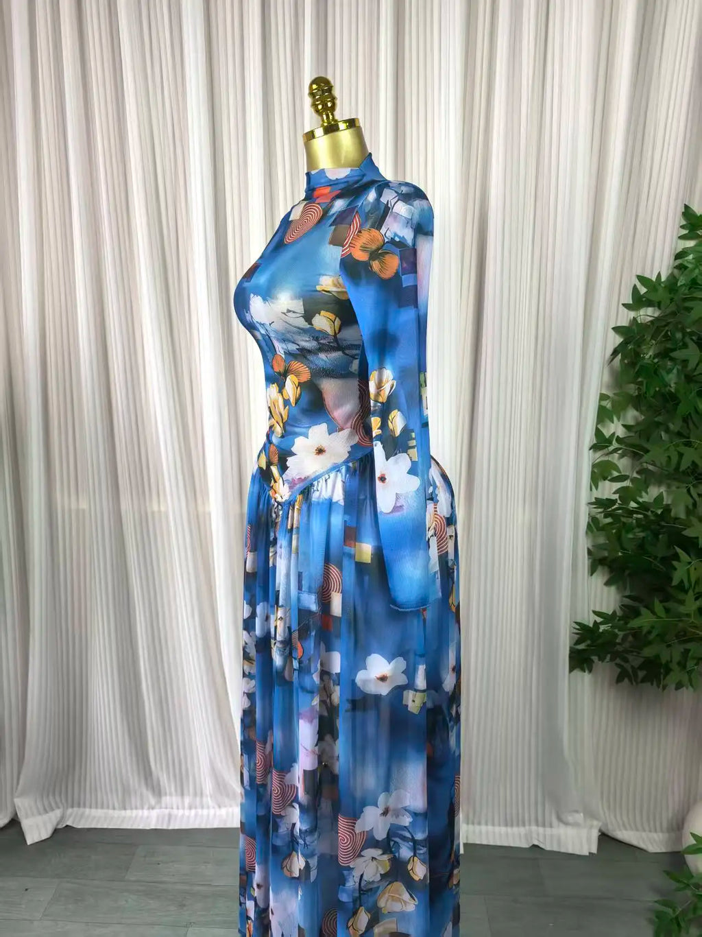 Women leaf Print patchwork smock Midi A-line Long Maxi Elegant Evening Dresses