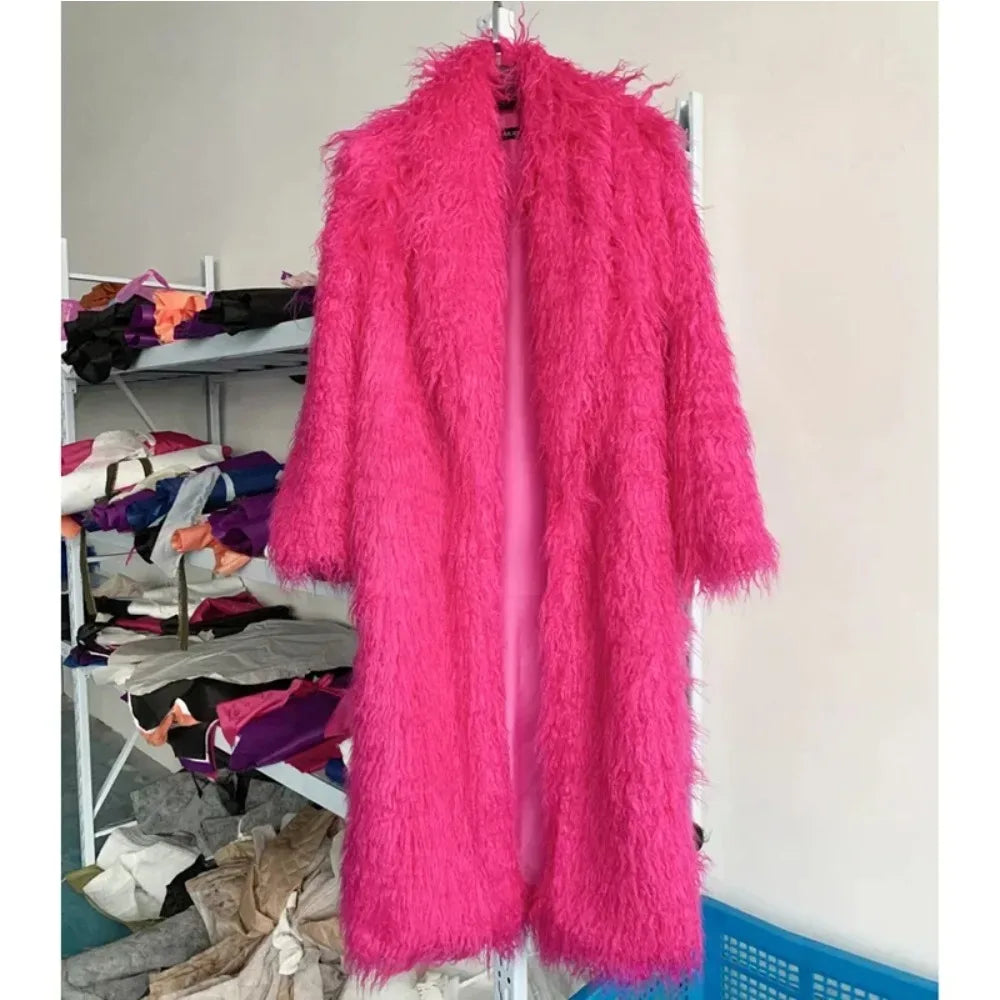 Faux Fur Jacket Women Long Coat Thick Fluffy Winter Warm Shaggy Overcoat Open Stitch Outerwear Turn Down Collar High Street