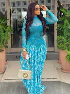 Women Autumn Light Blue Long Sleeve Dress Slim Waist Mid-turtleneck Chic Elegant Evening Wear