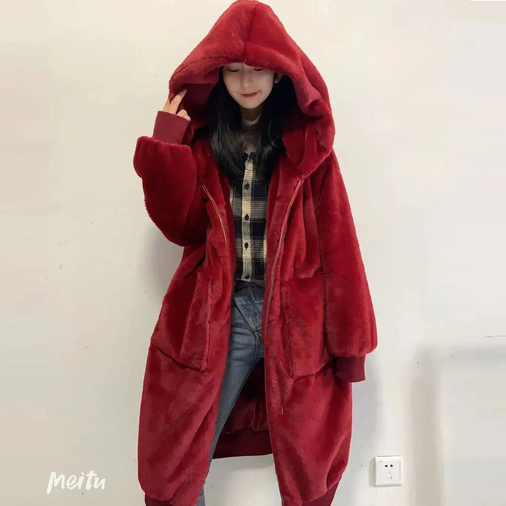 Winter Faux Fur Fashionable Hooded Cotton Long Plush Fleece Temperament Loose Jacket for Women