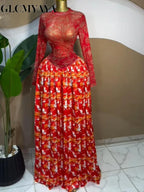 Women leaf Print patchwork smock Midi A-line Long Maxi Elegant Evening Dresses