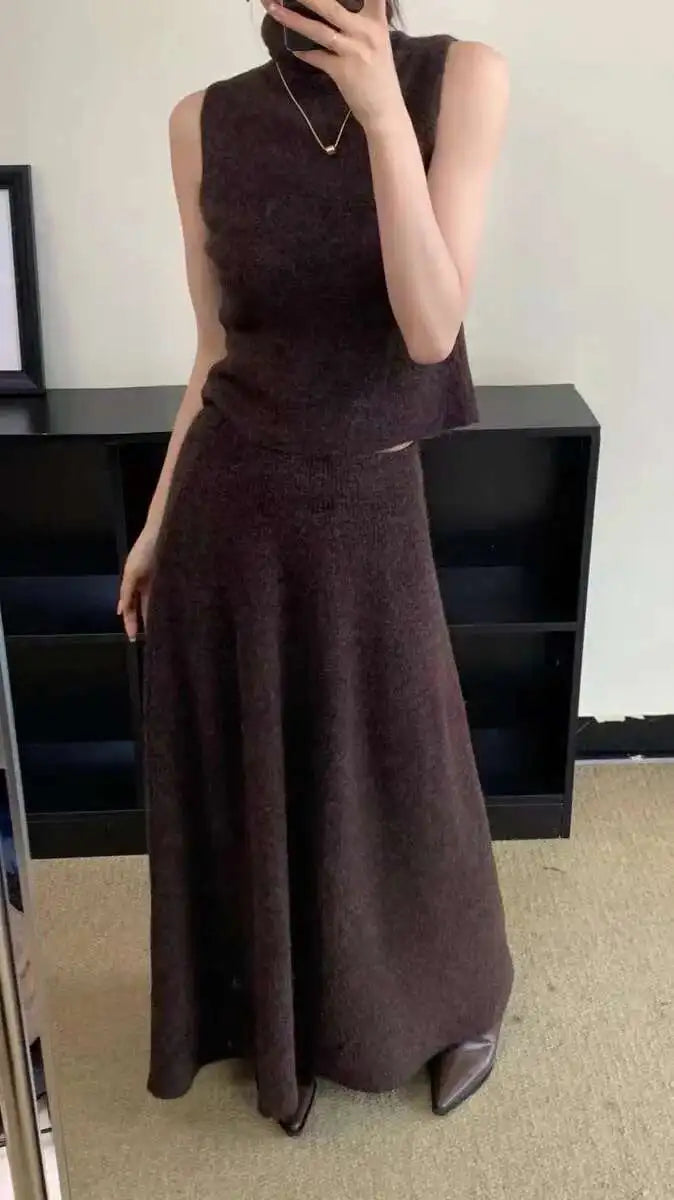 Elegant Knitted 3 Piece Set Women Long Cardigan Coat Sleeveless Vest High Waist A-line Long Skirt