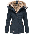 Winter Warm Wool Collar Cotton Coat Womens Zipper Long Sleeve Slim Fit Hooded
