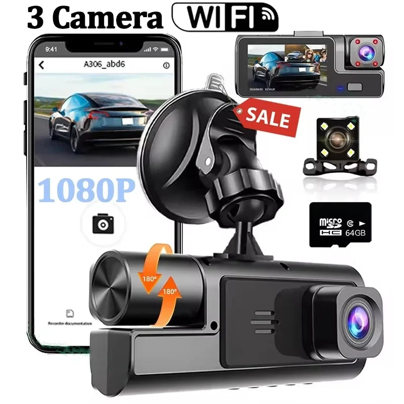 3 Lens Dash Cam 1080P Front, Rear & Interior Car Camera with WiFi & Night Vision