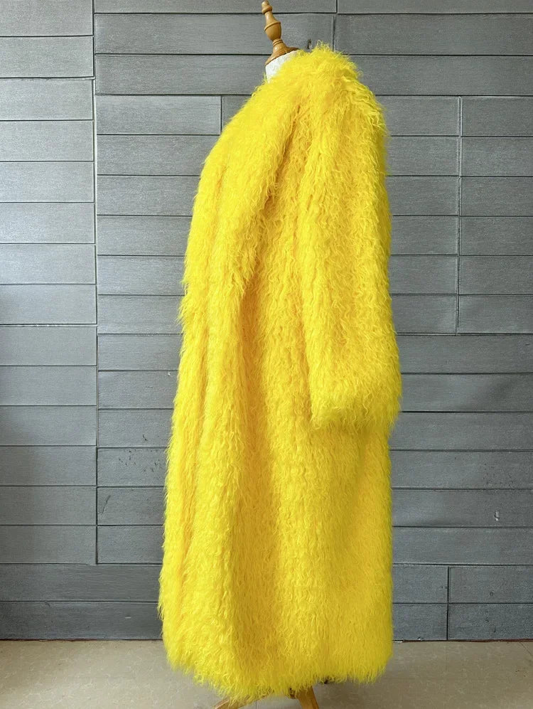 Faux Fur Jacket Women Long Coat Thick Fluffy Winter Warm Shaggy Overcoat Open Stitch Outerwear Turn Down Collar High Street