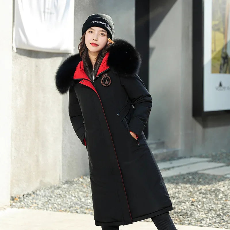 Women's Double-Sided Color Block Parka Winter Jacket with Big Fur Collar Hooded Zipper Pockets Long Sleeve Casual Overcoat