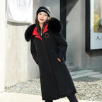 Women's Double-Sided Color Block Parka Winter Jacket with Big Fur Collar Hooded Zipper Pockets Long Sleeve Casual Overcoat