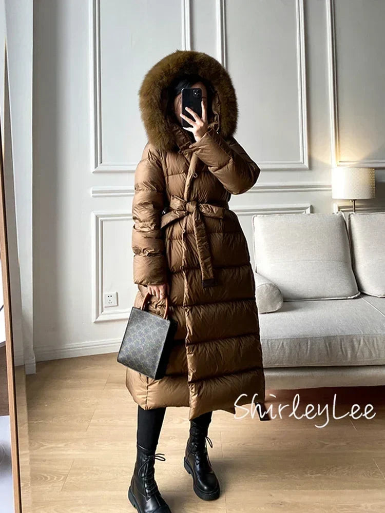 Winter Women's Ultra Light Warm Faux Fur Parka with Hooded Long Duck down Jacket White with Fur Collar Casual Snow Coat