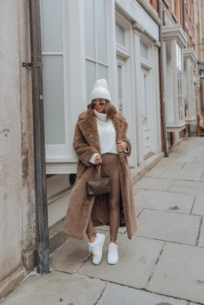 Luxury Lace Up Faux Fur Coat Women Chic Lapel Full Sleeve Fluffy Loose Warm Long Jacket Lady Winter Daily Highstreet Outerwears
