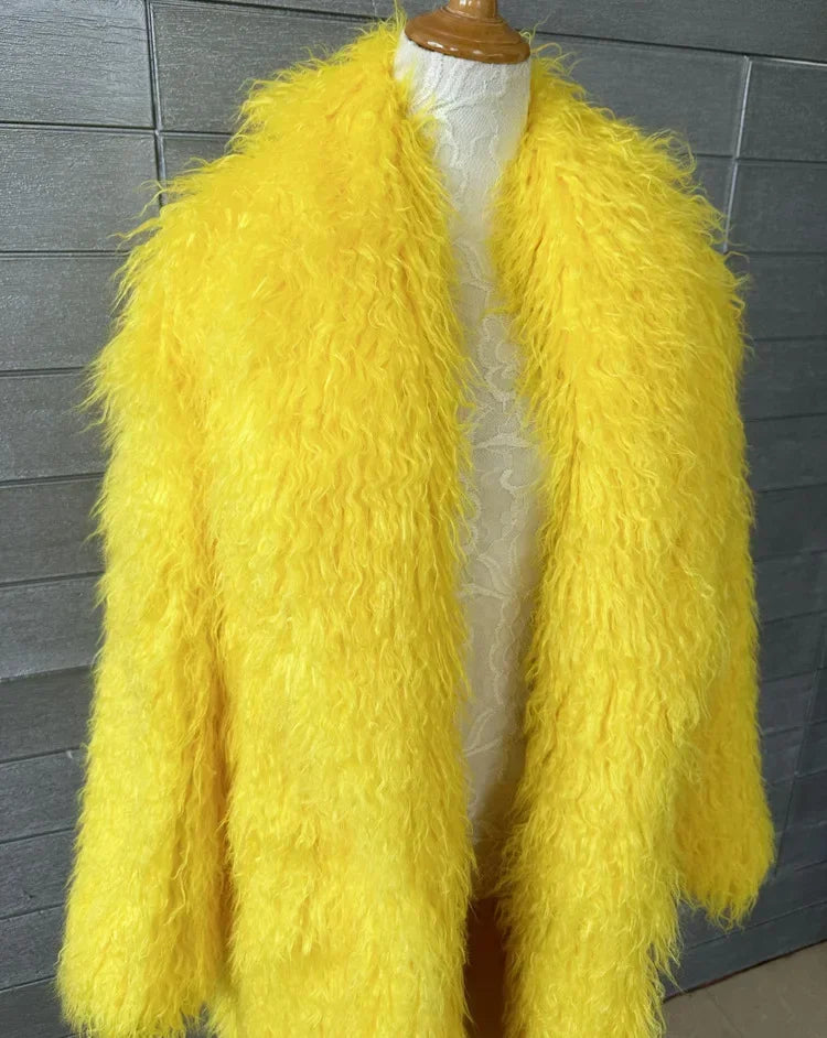 Faux Fur Jacket Women Long Coat Thick Fluffy Winter Warm Shaggy Overcoat Open Stitch Outerwear Turn Down Collar High Street