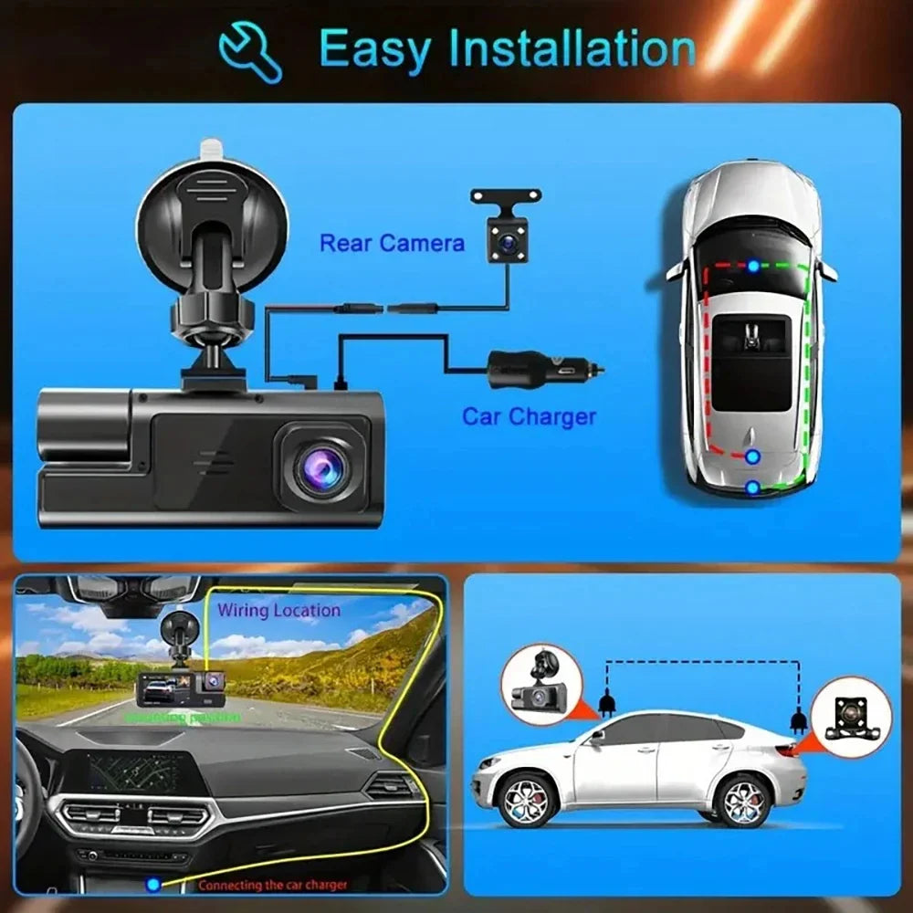 3 Lens Dash Cam 1080P Front, Rear & Interior Car Camera with WiFi & Night Vision