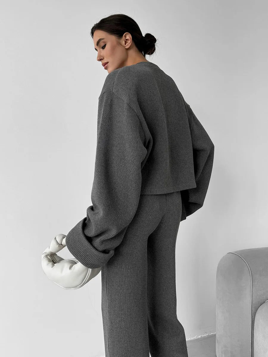 Women's Zip up Jacket And Wide Leg Pants Set Soft Knit Loose Long Sleeve Autumn Winter Casual Sweater Outfit
