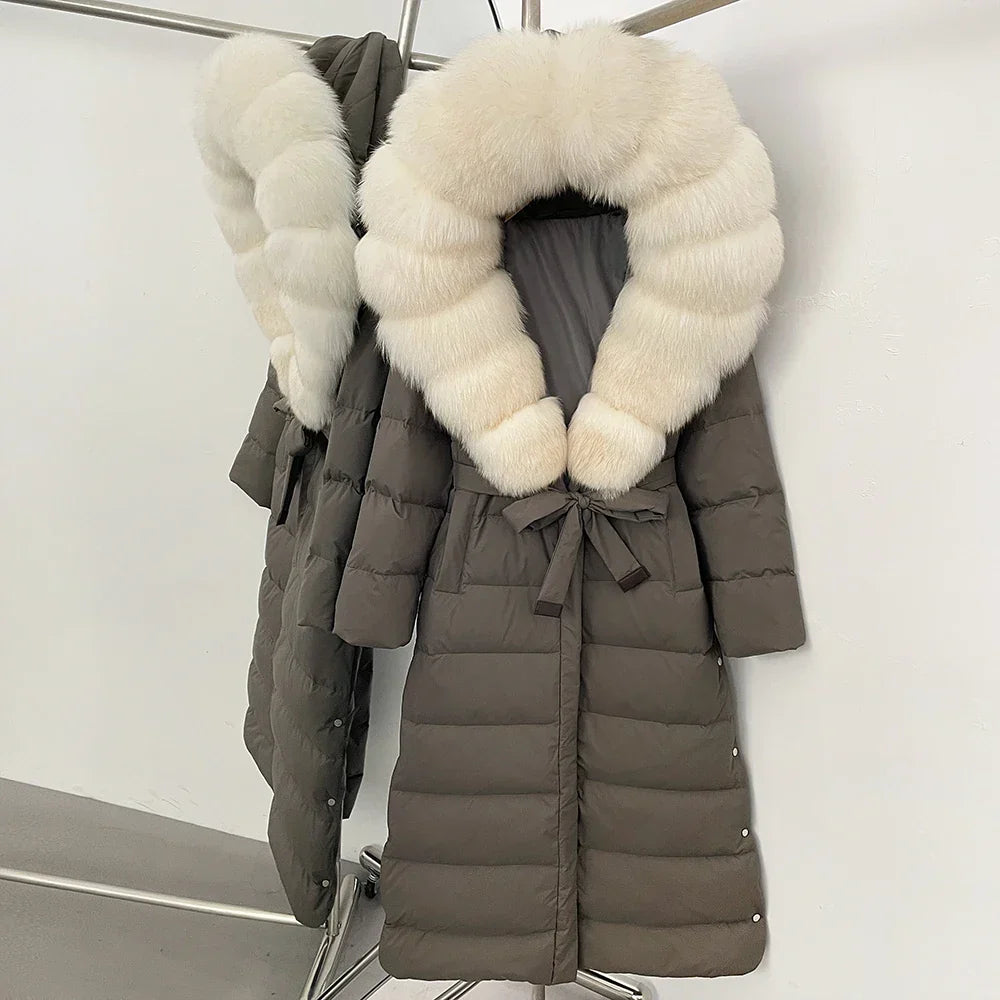 Real Faux Fur Collar Puffer Jacket Duck Down Thick Coat For Women