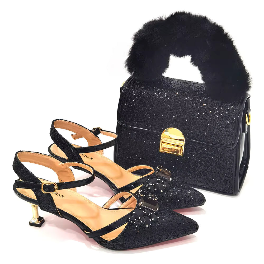 Women's Italian Fashion Peep Toe Pump Shoes with Matching Bag Set for Wedding