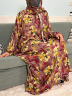 Women's Traditional Floral Ramadan Muslim Cotton Abayas Garment with attached Headscarf