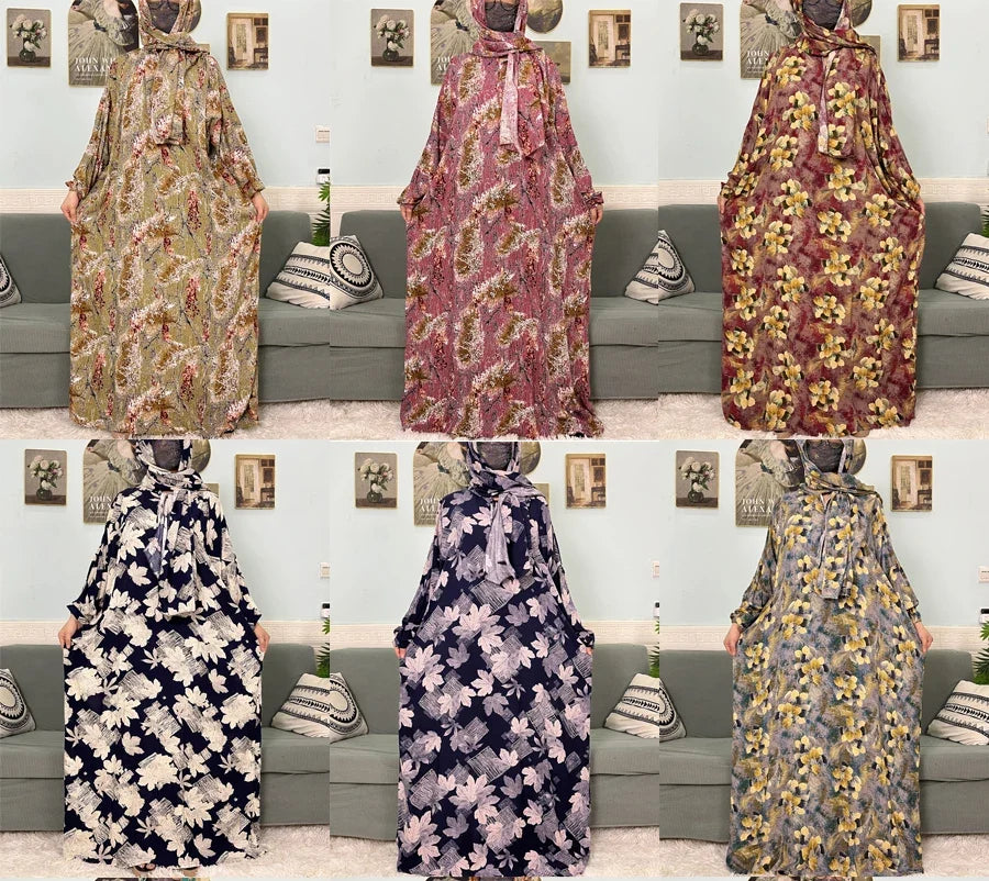Women's Traditional Floral Ramadan Muslim Cotton Abayas Garment with attached Headscarf