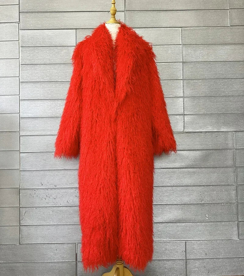 Faux Fur Jacket Women Long Coat Thick Fluffy Winter Warm Shaggy Overcoat Open Stitch Outerwear Turn Down Collar High Street