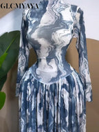 Women leaf Print patchwork smock Midi A-line Long Maxi Elegant Evening Dresses