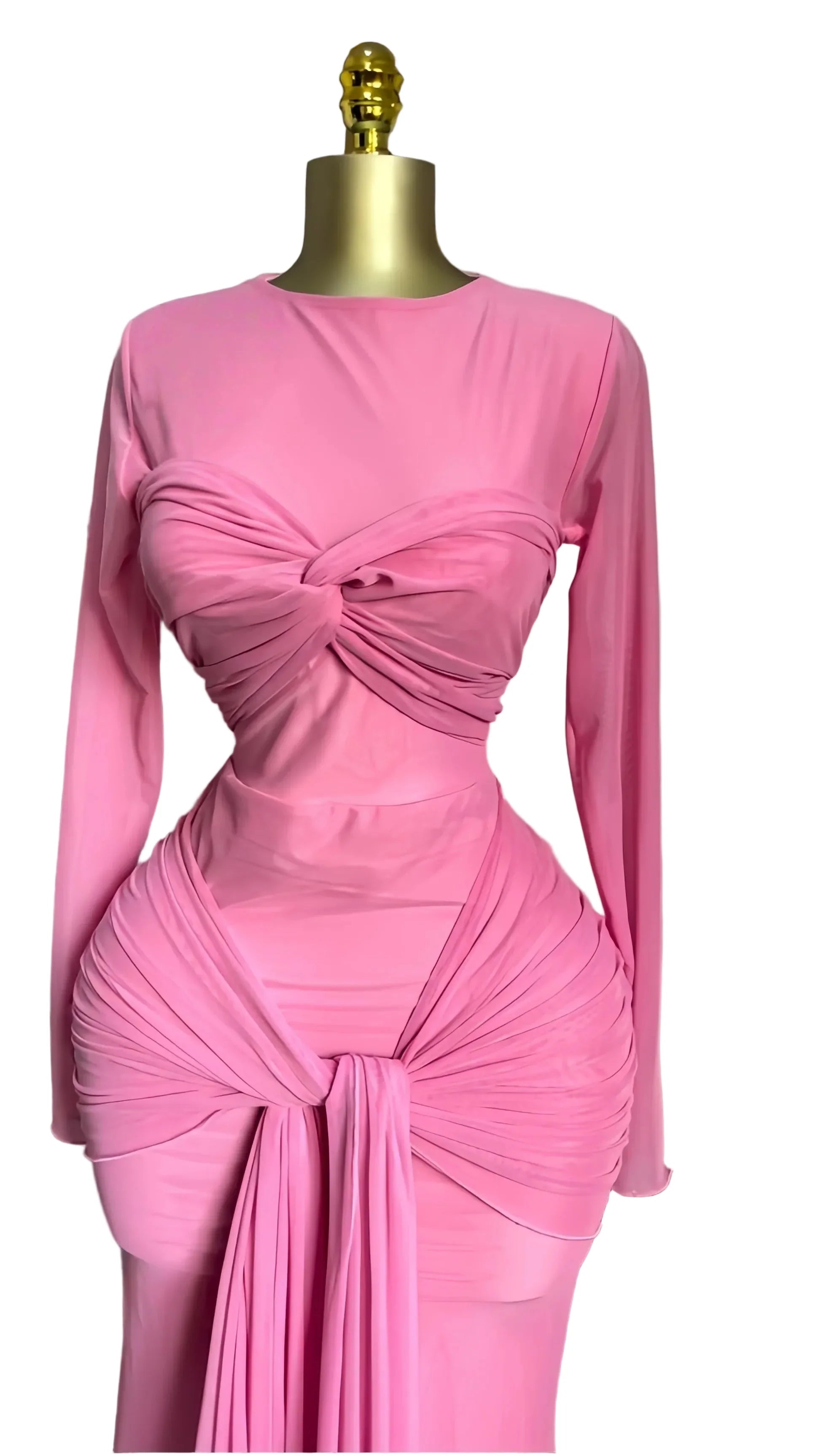 Mesh Maxi Dress with Bow-knot - Elegant Long Sleeve Sheer Dress for Women