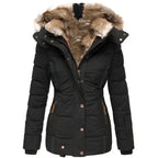 Winter Warm Wool Collar Cotton Coat Womens Zipper Long Sleeve Slim Fit Hooded