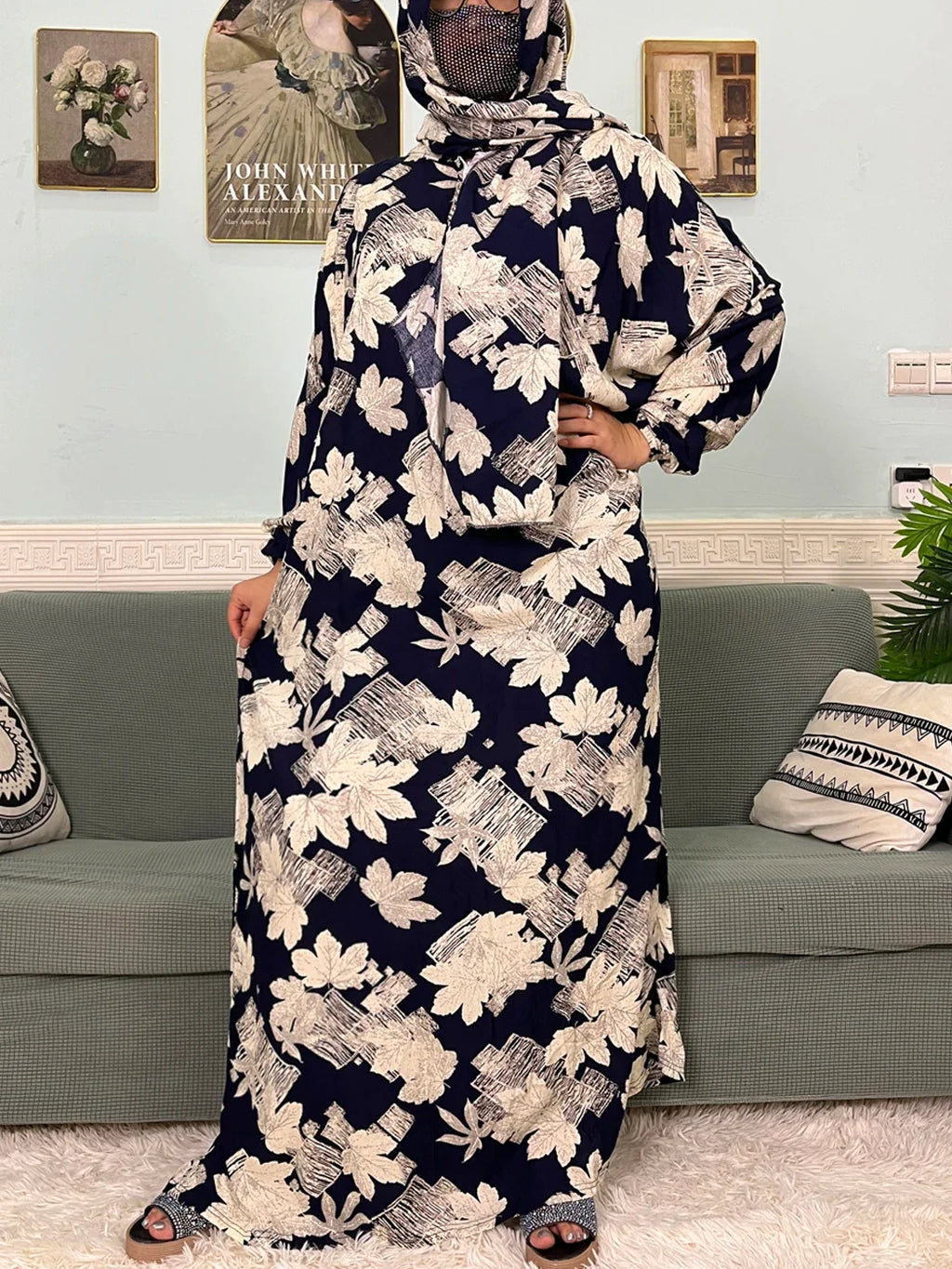 Women's Traditional Floral Ramadan Muslim Cotton Abayas Garment with attached Headscarf