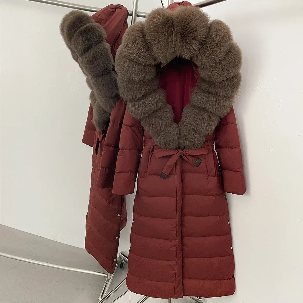 Real Faux Fur Collar Puffer Jacket Duck Down Thick Coat For Women
