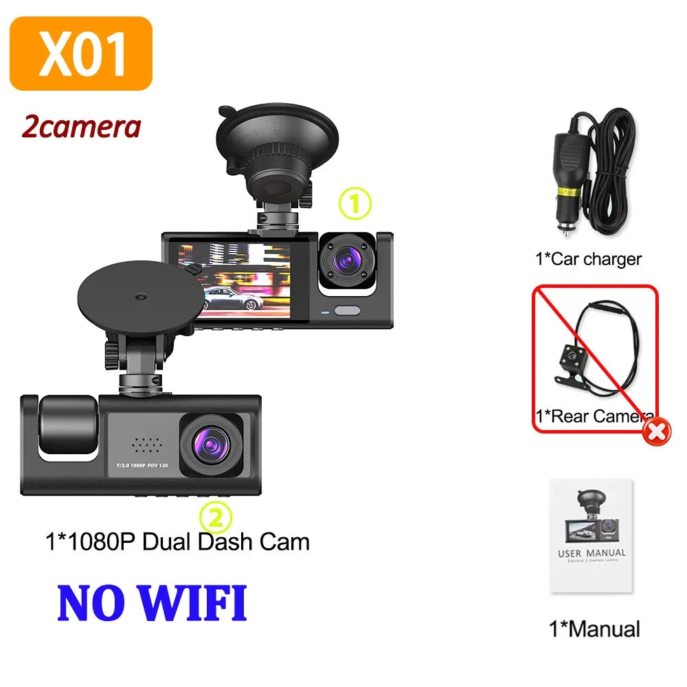 3 Lens Dash Cam 1080P Front, Rear & Interior Car Camera with WiFi & Night Vision