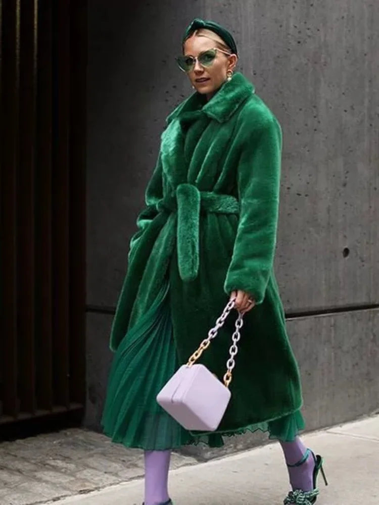 Luxury Lace Up Faux Fur Coat Women Chic Lapel Full Sleeve Fluffy Loose Warm Long Jacket Lady Winter Daily Highstreet Outerwears