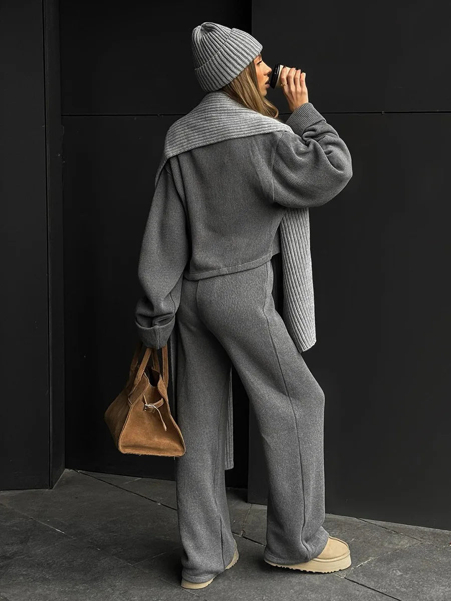 Women's Zip up Jacket And Wide Leg Pants Set Soft Knit Loose Long Sleeve Autumn Winter Casual Sweater Outfit