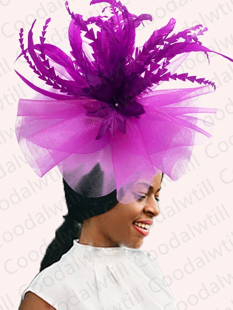 Kentucky Derby Big Fascinator Hat Women Wedding Elegant Feather Pillbox Cap