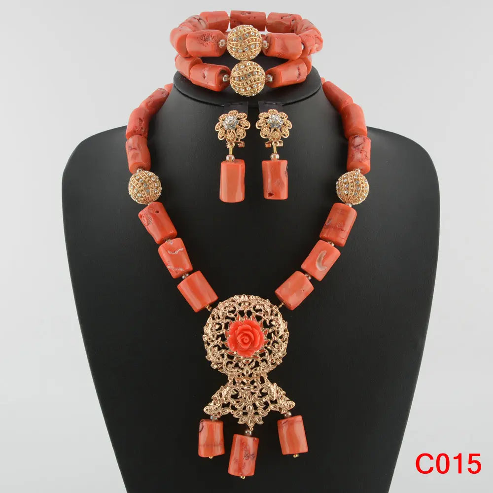 Latest Coral Jewelry Sets Nigerian Dubai Orange Necklace Sets of Beads African