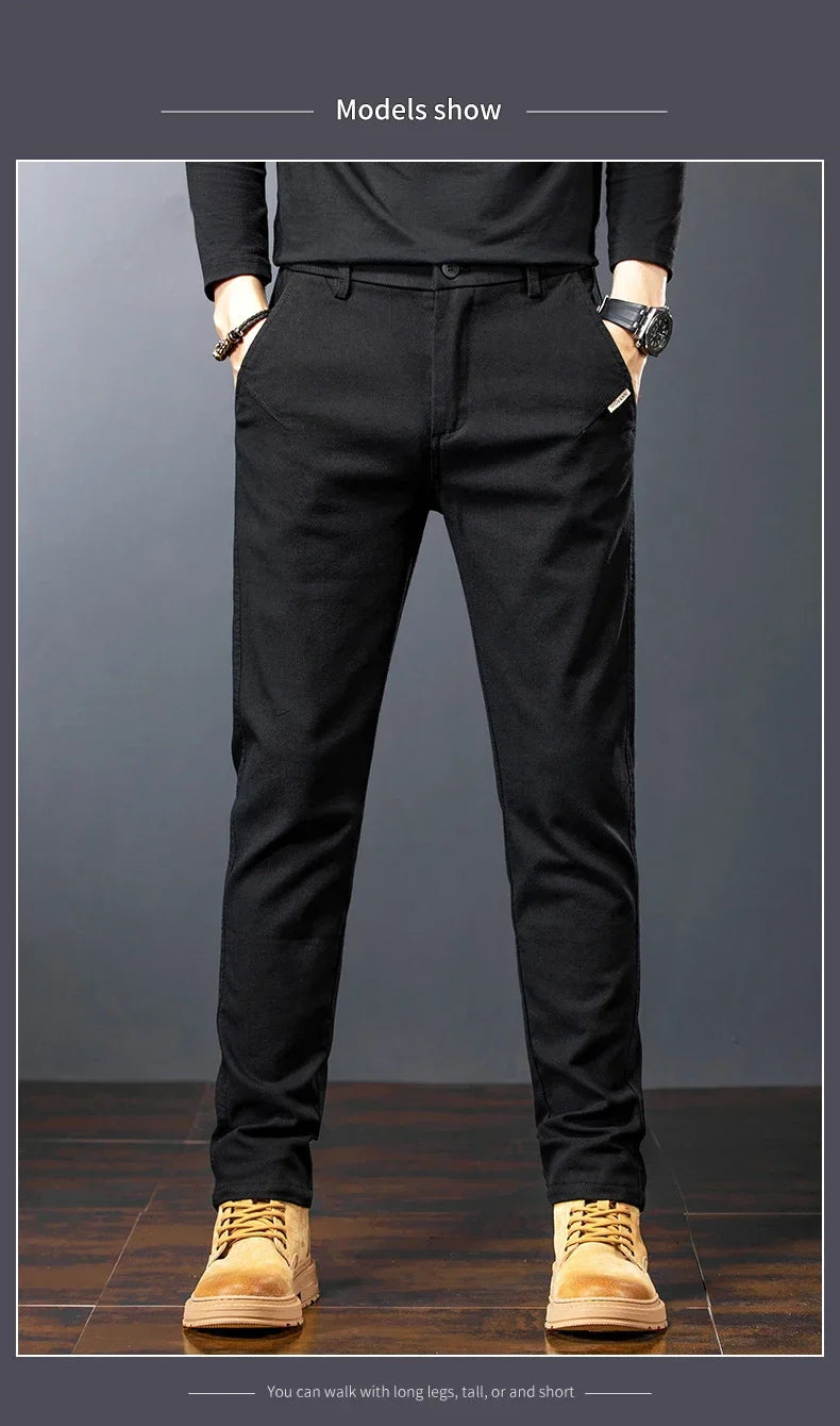 Men’s Slim Straight Stretch Twill Trousers – Smart Casual Cotton Pants