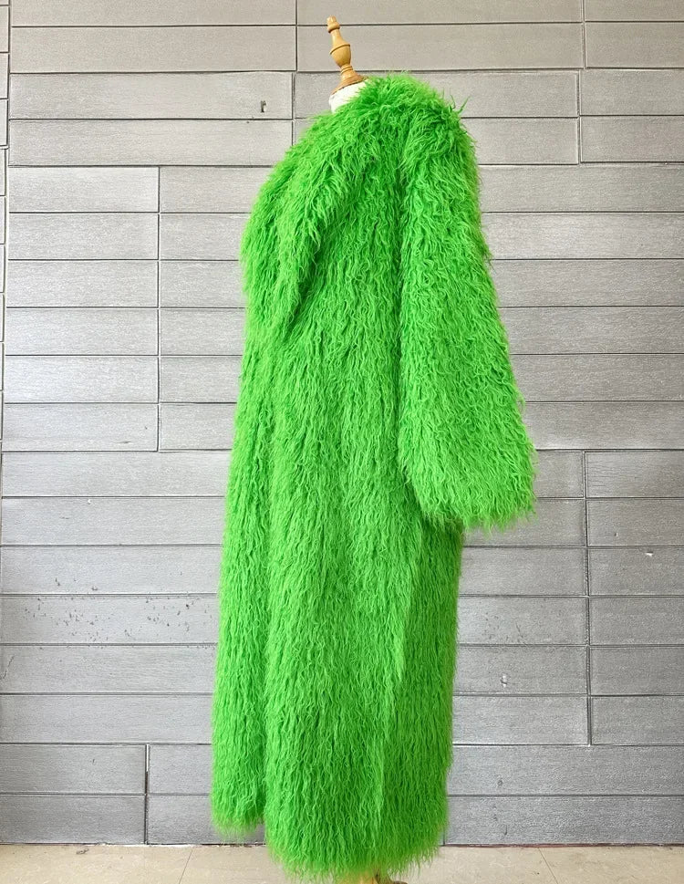 Faux Fur Jacket Women Long Coat Thick Fluffy Winter Warm Shaggy Overcoat Open Stitch Outerwear Turn Down Collar High Street
