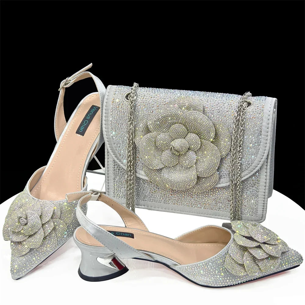 Women's Pointed-Toe Large Flower Decoration Rhinestone Low Heel Italian Shoes