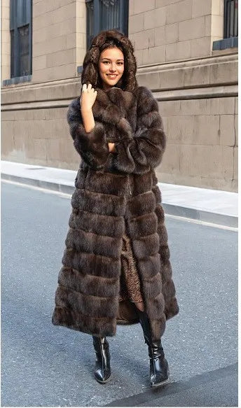 Vintage Brown Women's Winter Faux Fur Jacket Hooded Warm Thickened Fur Trim Outwear Chic Lady Eco-Friendly Coat