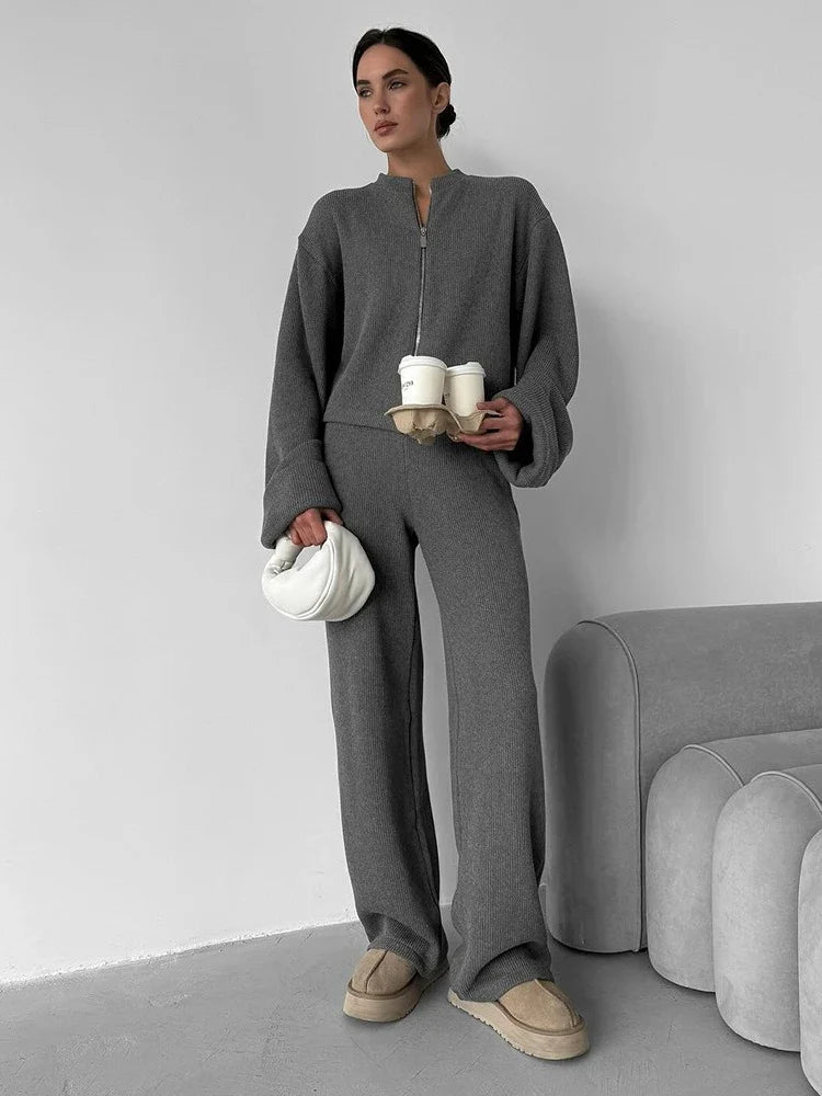 Women's Zip up Jacket And Wide Leg Pants Set Soft Knit Loose Long Sleeve Autumn Winter Casual Sweater Outfit