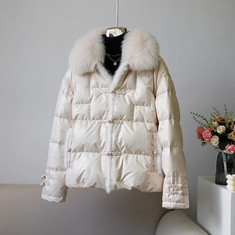 Women's White Duck down Jacket 2025 Winter Collection Real Faux Fur Collar Hair Puffer Coat Vintage Street wear