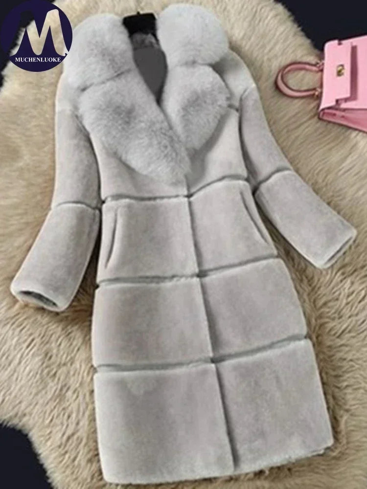 Women's Elegant Imitation Faux Fur Collar Warm Coat Fashion Plush V-Neck Button Detail