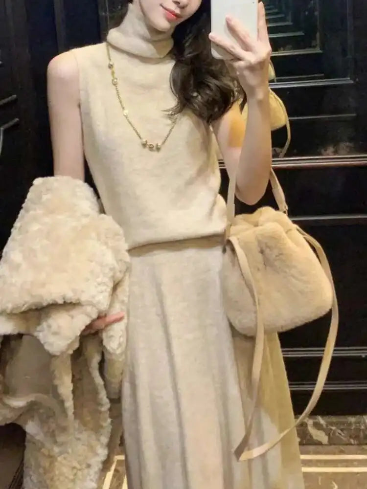 Elegant Knitted 3 Piece Set Women Long Cardigan Coat Sleeveless Vest High Waist A-line Long Skirt