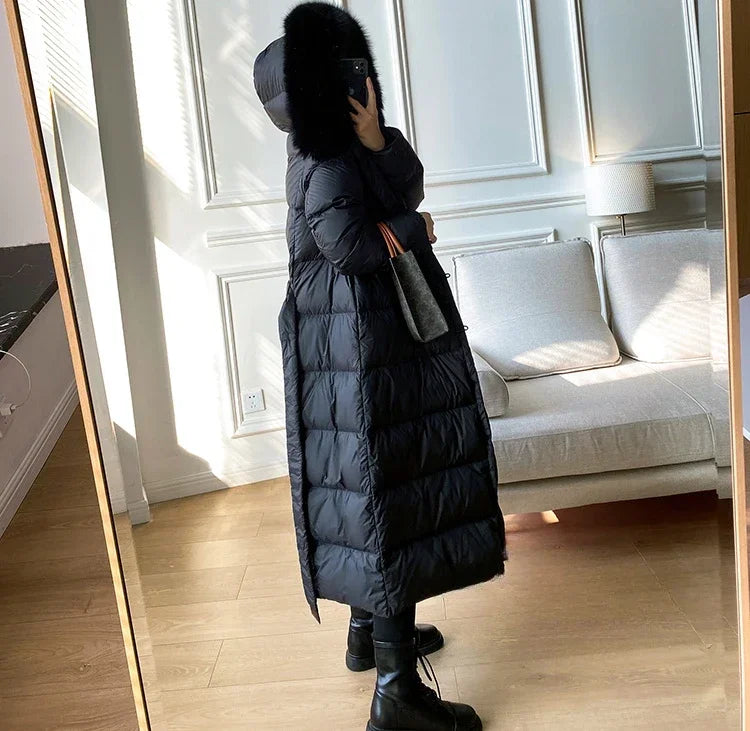 Winter Women's Ultra Light Warm Faux Fur Parka with Hooded Long Duck down Jacket White with Fur Collar Casual Snow Coat