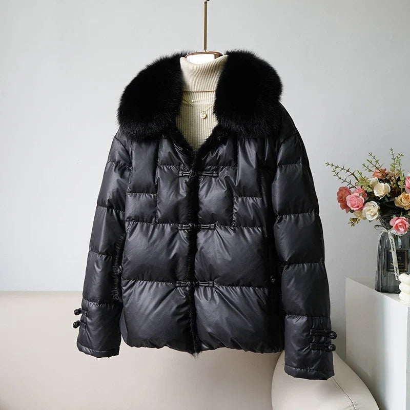 Women's White Duck down Jacket 2025 Winter Collection Real Faux Fur Collar Hair Puffer Coat Vintage Street wear