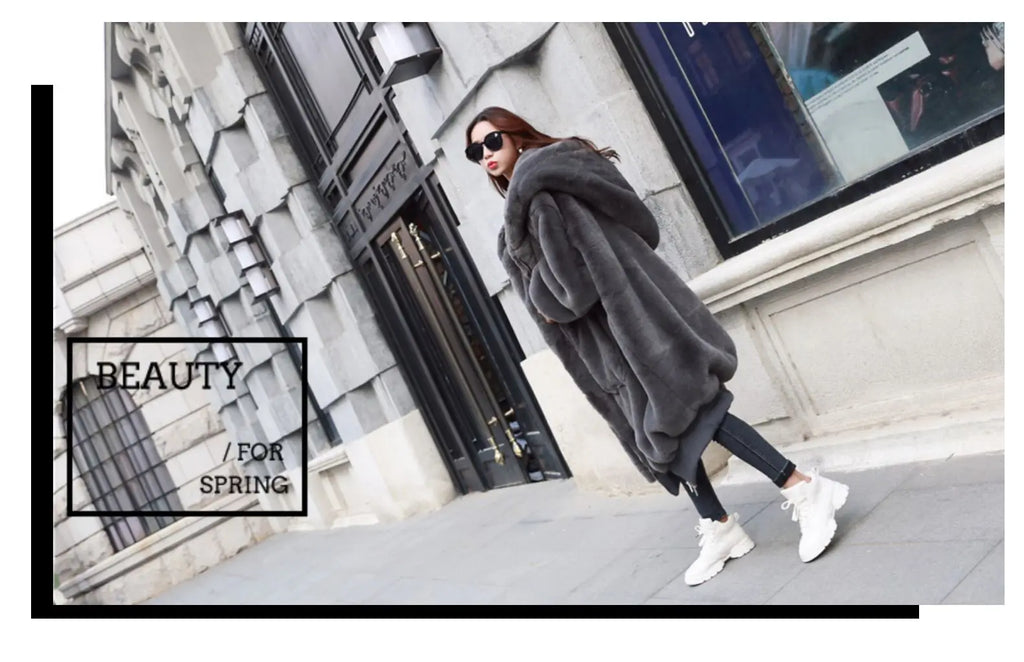 Winter Faux Fur Fashionable Hooded Cotton Long Plush Fleece Temperament Loose Jacket for Women