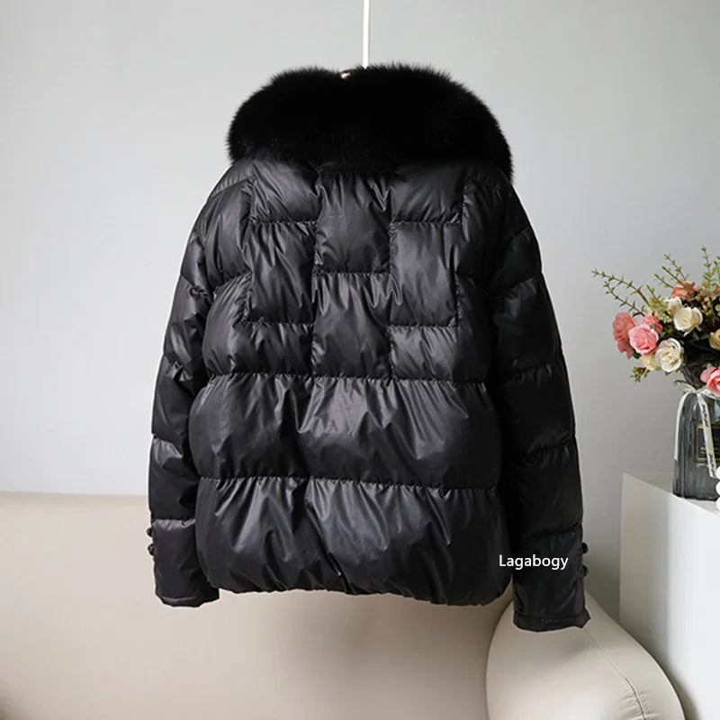 Women's White Duck down Jacket 2025 Winter Collection Real Faux Fur Collar Hair Puffer Coat Vintage Street wear