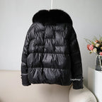 Women's White Duck down Jacket 2025 Winter Collection Real Faux Fur Collar Hair Puffer Coat Vintage Street wear