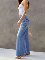 Women’s Wide Leg Cargo Jeans – Mid-Waist Straight Leg Denim
