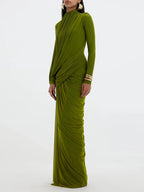 Women's Elegant Vintage Spliced Ribbon Turtleneck Long Sleeve Evening Maxi Dress