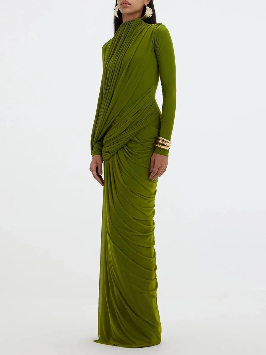 Women's Elegant Vintage Spliced Ribbon Turtleneck Long Sleeve Evening Maxi Dress