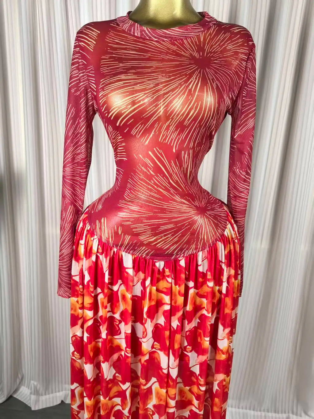 Women leaf Print patchwork smock Midi A-line Long Maxi Elegant Evening Dresses