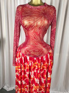 Women leaf Print patchwork smock Midi A-line Long Maxi Elegant Evening Dresses